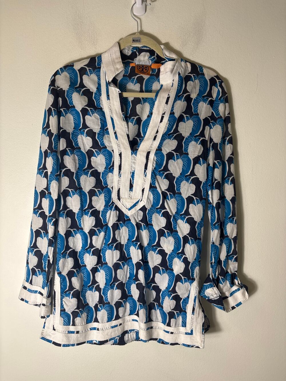 Tory Burch Blue Black Leaf Print Long Sleeve Cotton Tunic Sz 4